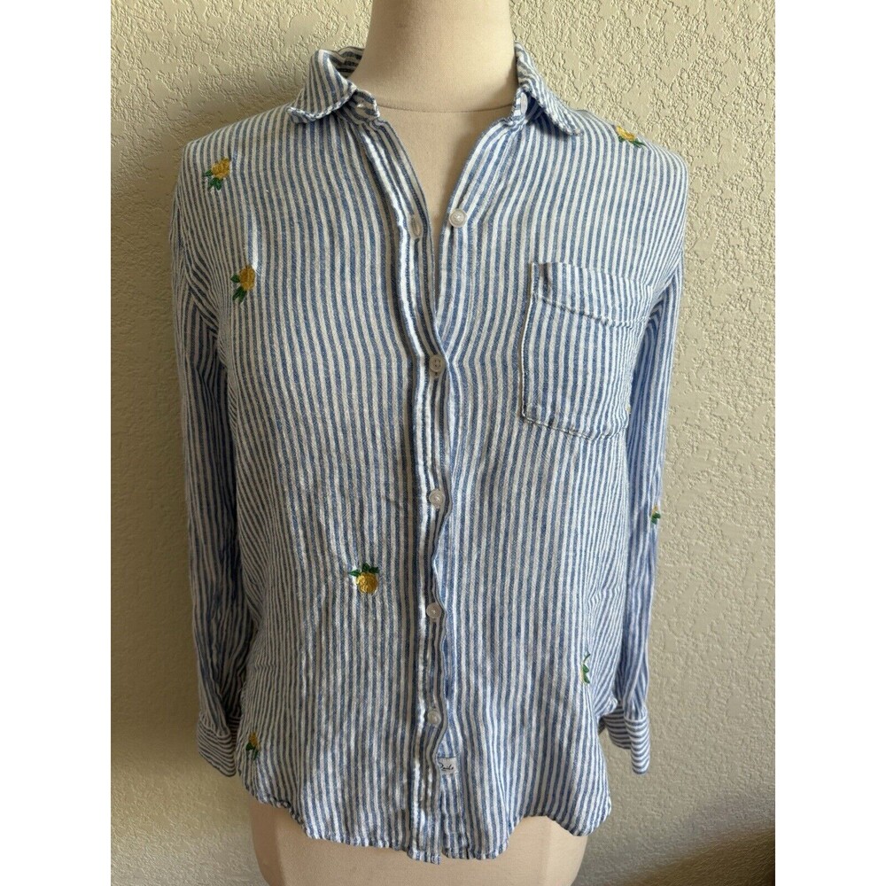 Rails Charli Embroidered Yellow Rose Shirt Blue Stripe Linen Button Down Women S
